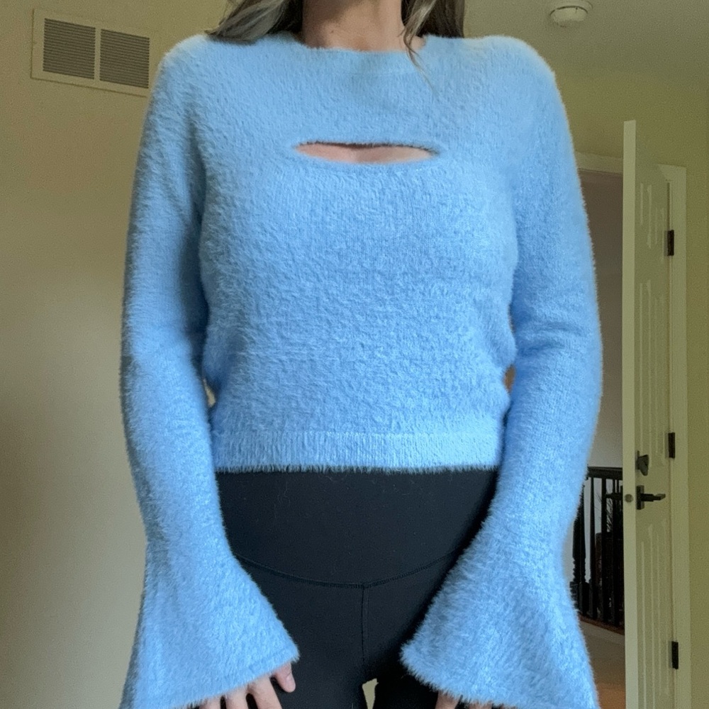 Light Blue Vici Peek-a-Boo Cropped Sweater with Bell Sleeves